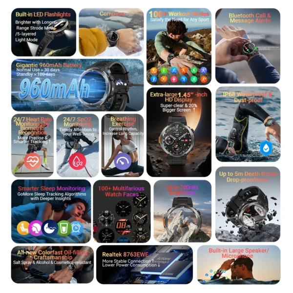 Blackview-W50 Pro Smartwatch, écran HD 1.45 ", lampe de poche, Bluetooth, appel téléphonique, batterie 960mAh, robuste – Image 2