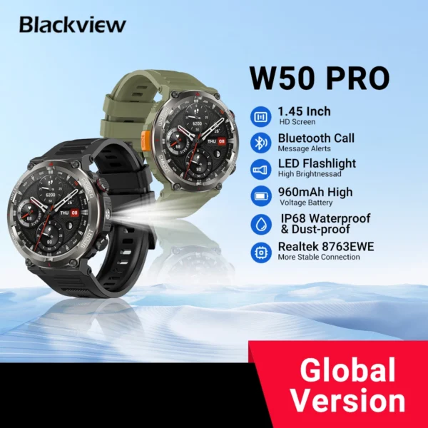 Blackview-W50 Pro Smartwatch, écran HD 1.45 ", lampe de poche, Bluetooth, appel téléphonique, batterie 960mAh, robuste
